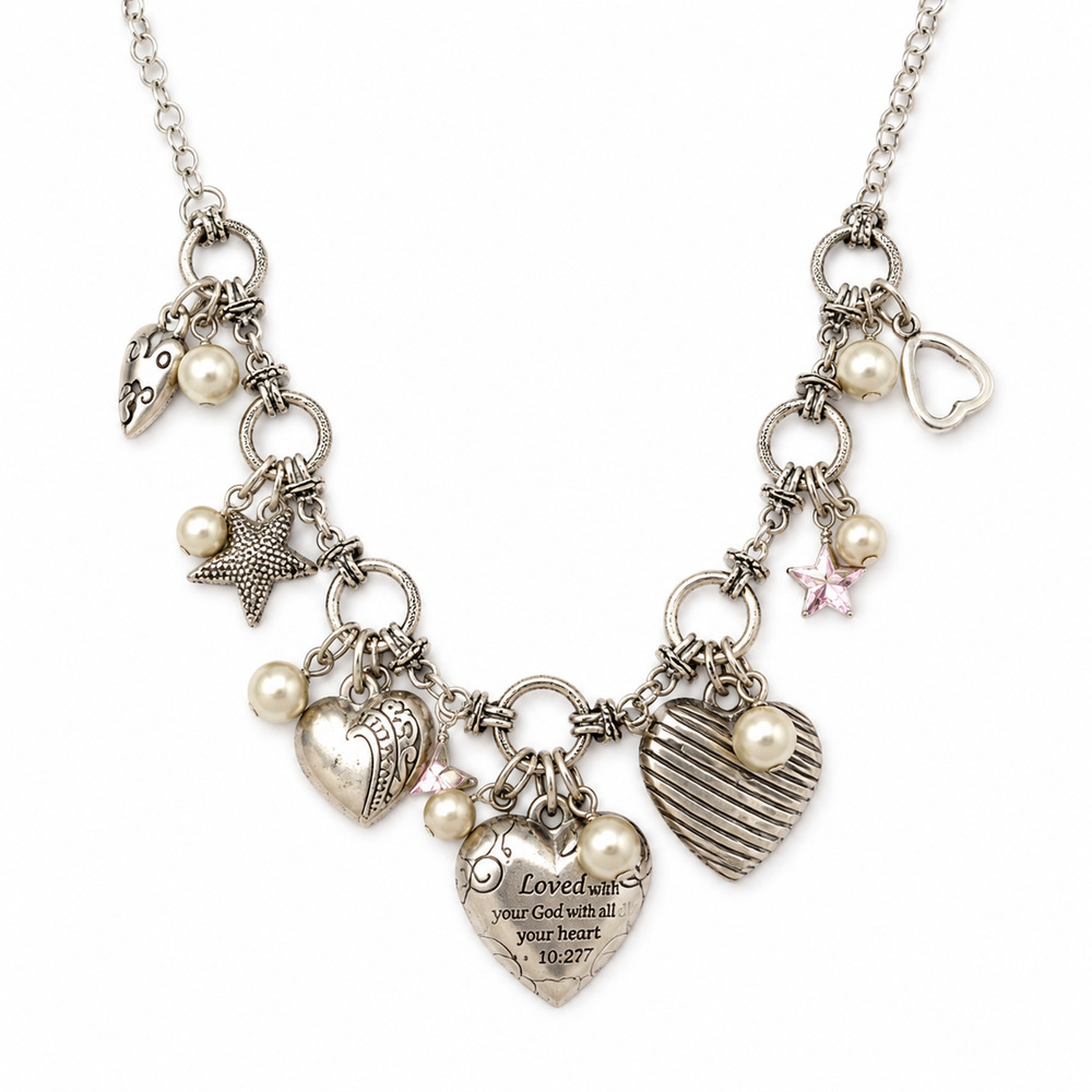 Christian Luke 10:27 Heart Charm Necklace Faithcore Pearl Star Silver Tone 18"